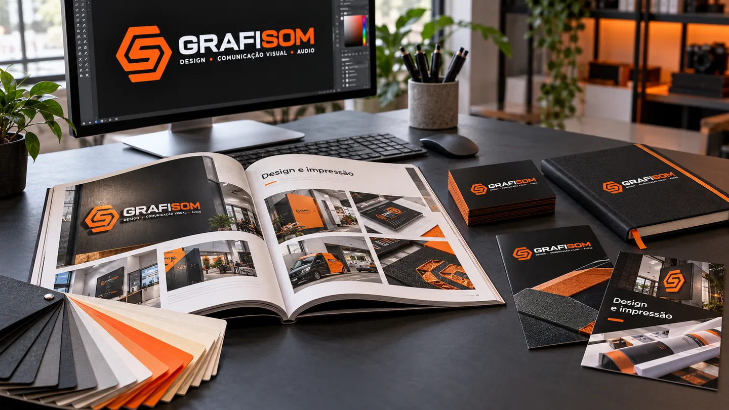 Mockups GRAFISOM de catálogo, cartões, materiais promocionais e agenda sobre uma mesa de design.