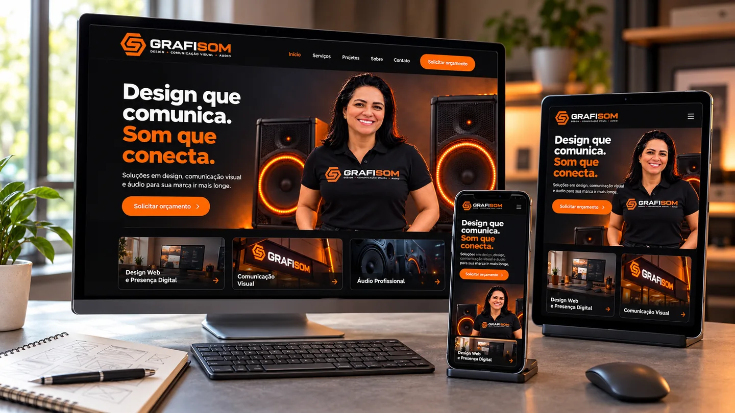 Mockup de apresentação visual GRAFISOM adaptada a computador, tablet e celular.