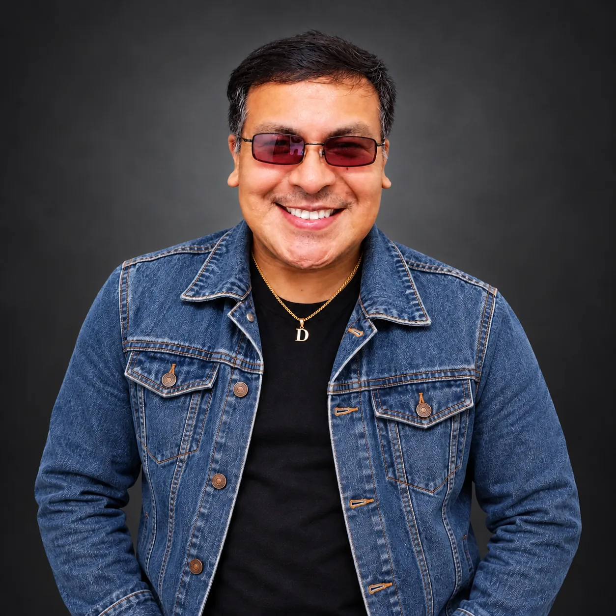 Diego Fernández, designer da GRAFISOM, sorrindo, com jaqueta jeans e óculos.