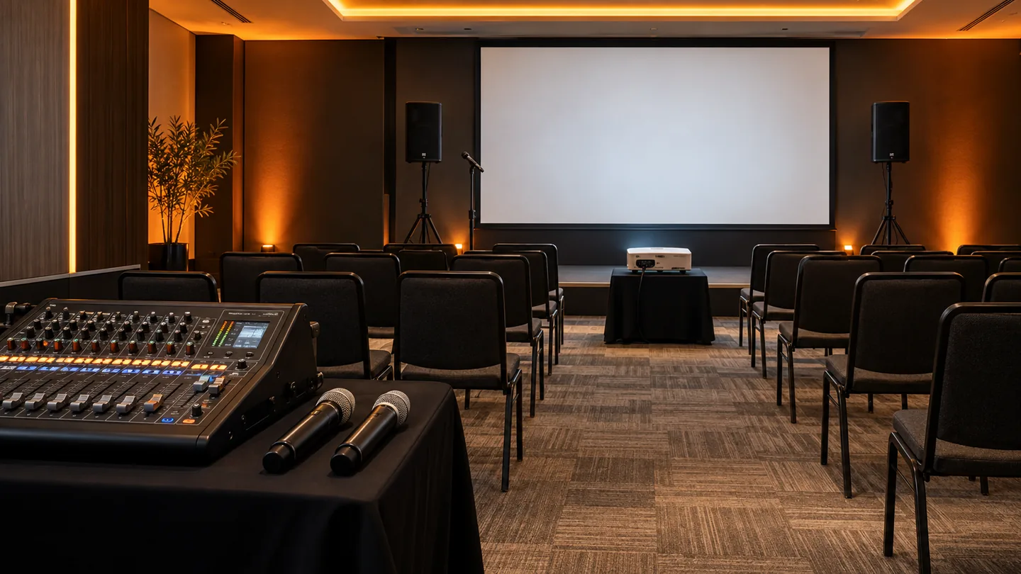 Cena ilustrativa de um evento com mesa de som, microfones, caixas de som e tela de projeção.